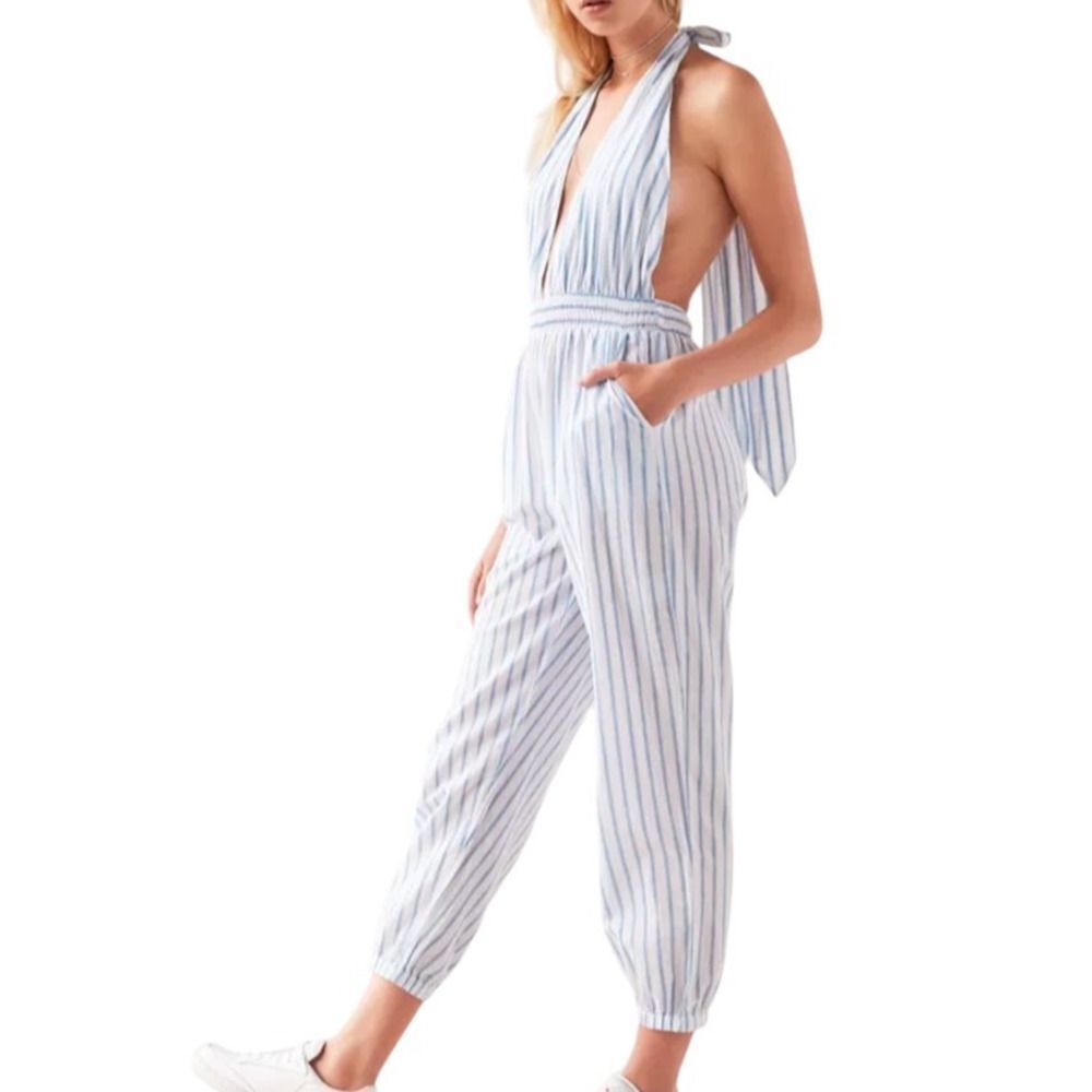 Faithful the Brand Jumpsuit Size 4 Barbuda Halter White Blue Striped Deep V Neck